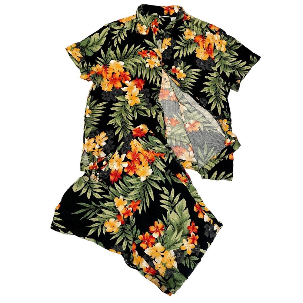 White Stag Tropical Floral Rayon Pajama Set Black Orange Hibiscus Large s1